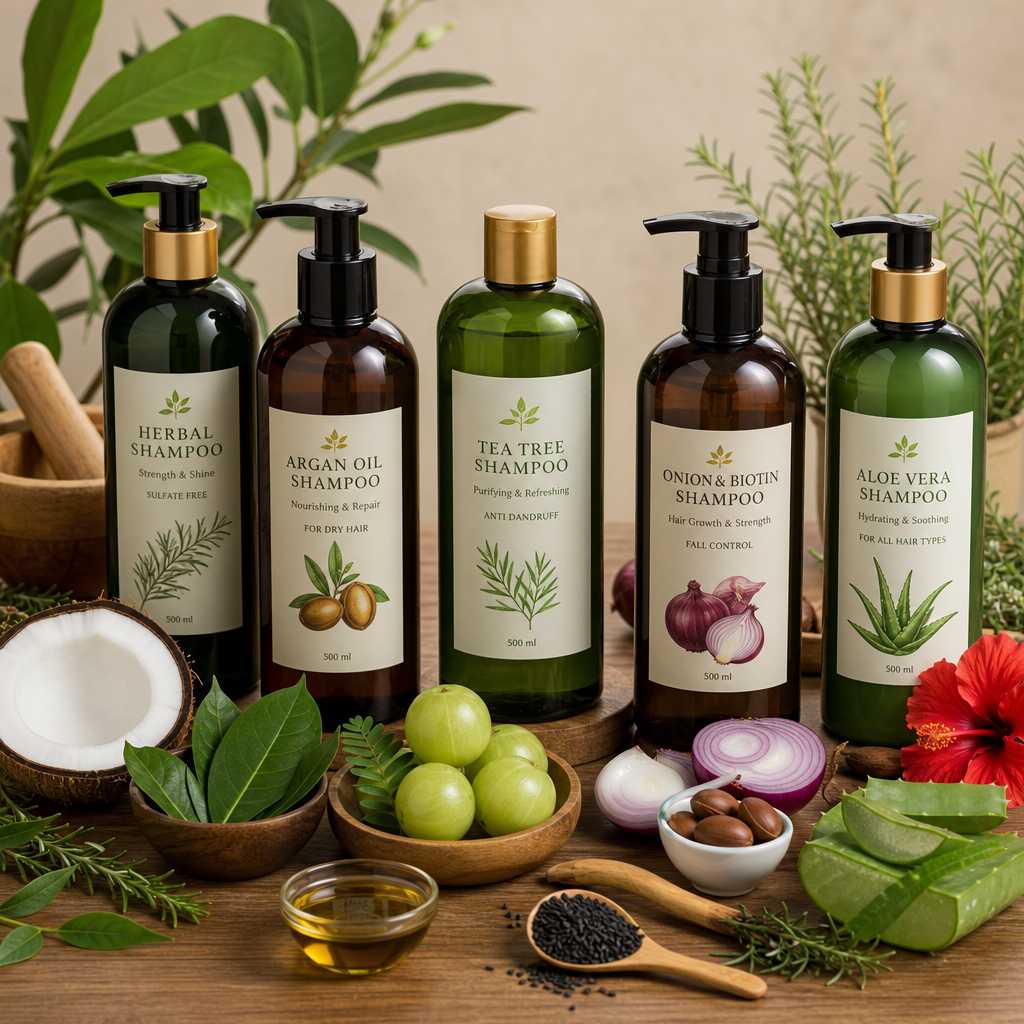 Collection of high-quality shampoos and natural botanical hair care ingredients