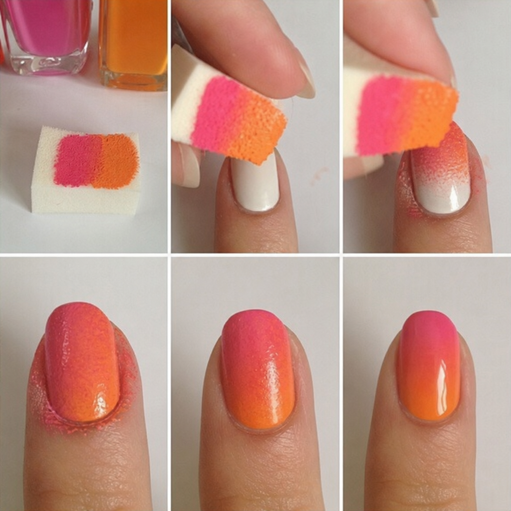 Creating ombre effects on a nail using a makeup sponge with pink and orange polish