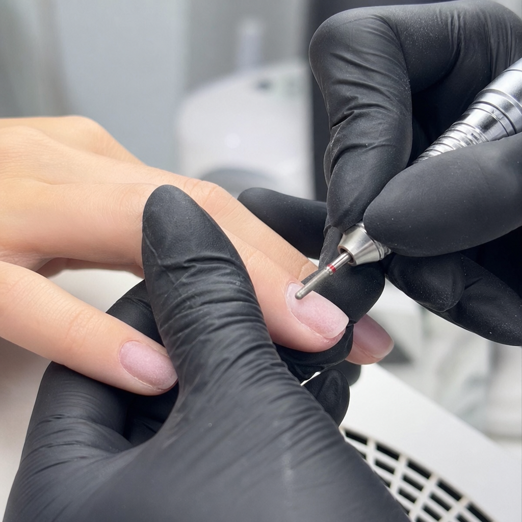 Professional nail technician performing a clean Russian manicure