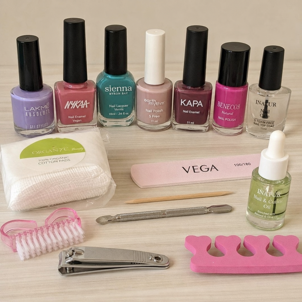 Selection of long lasting non-toxic nail polish bottles and care tools