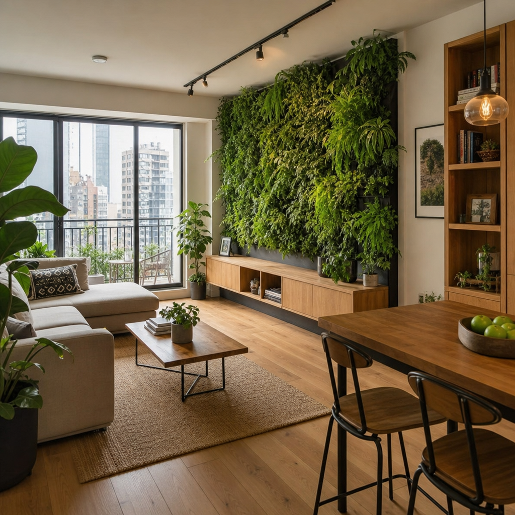 A bright, urban apartment featuring a large living green wall and natural wood finishes