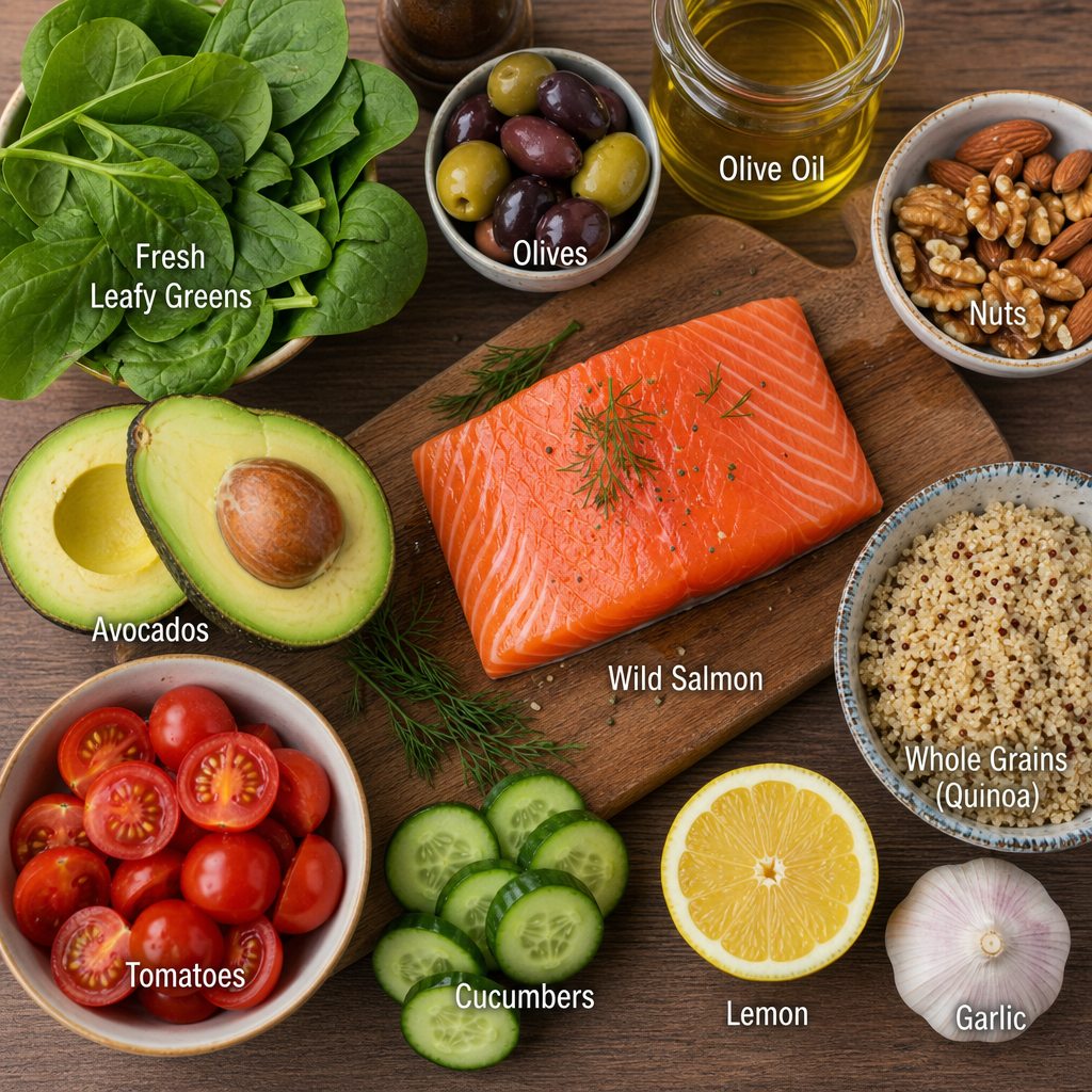 Fresh Mediterranean diet ingredients including wild salmon, avocados, and fresh leafy greens in ENGLISH