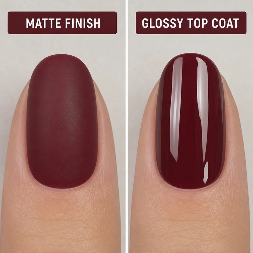 A split screen image showing the difference between a matte finish nail polish on the left and a glossy top coat on the right, both using the same burgundy color