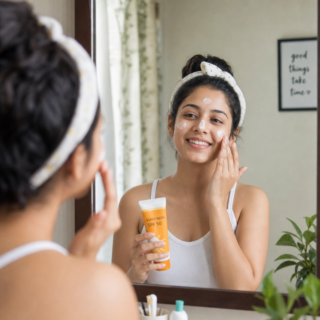 A woman happily applying sunscreen on her face in front of a mirror in the morning