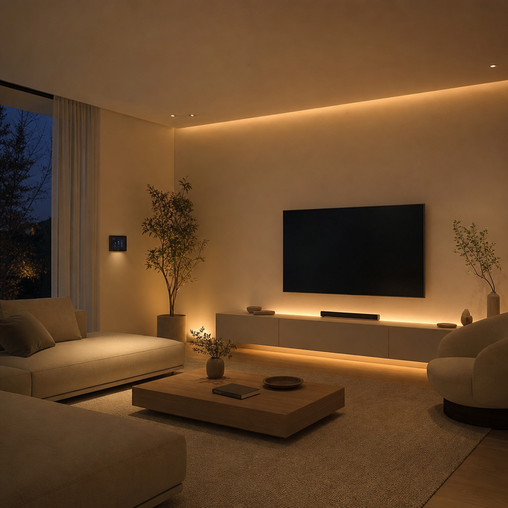 A minimalist living room with invisible smart technology and warm evening lighting