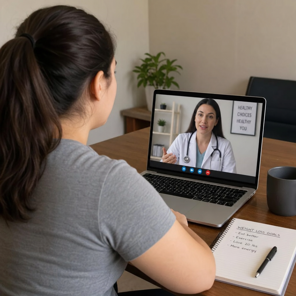 person using a laptop to consult with a doctor online about weight loss