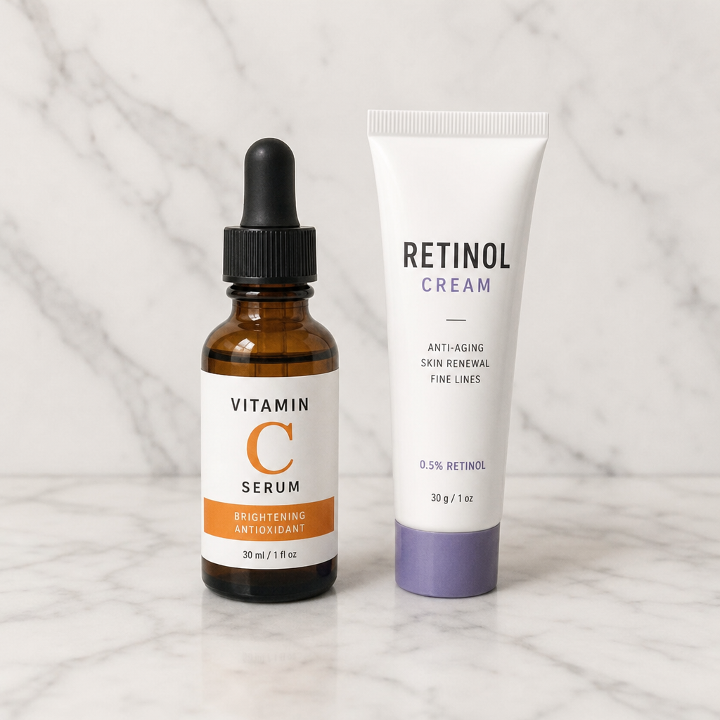 A dropper bottle of Vitamin C serum next to a tube of retinol cream on a clean marble surface