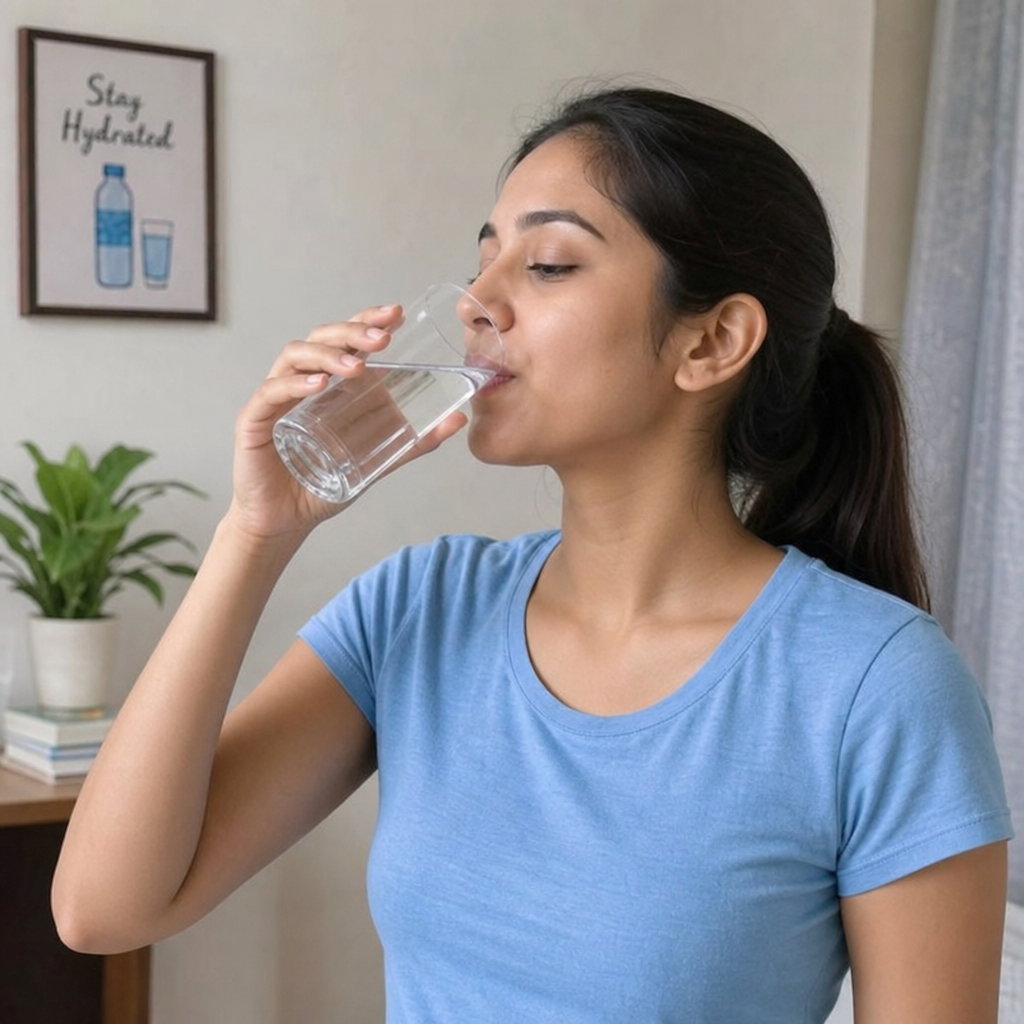 A woman drinking a glass of water to stay hydrated
