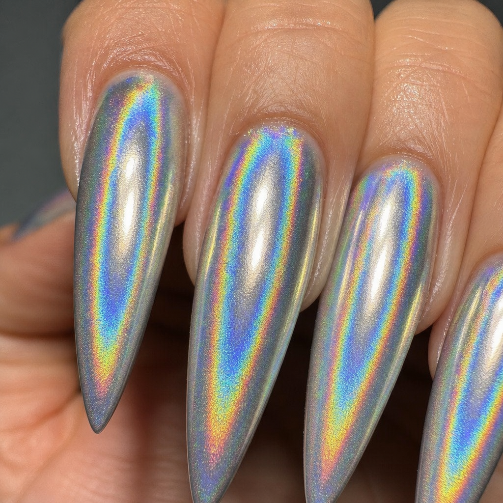 Close up of a holographic chrome powder application on stiletto nails