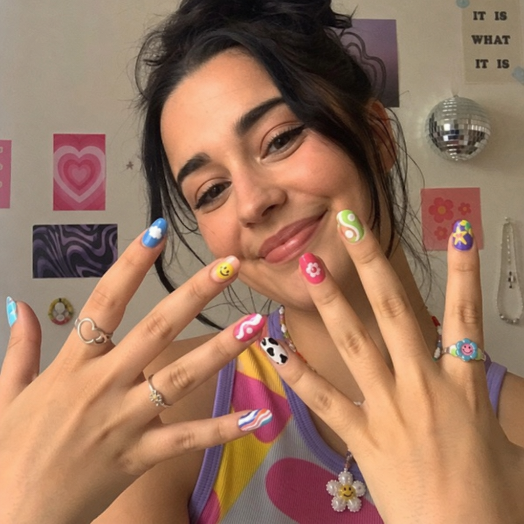 Woman showing off vibrant and creative nail decorations