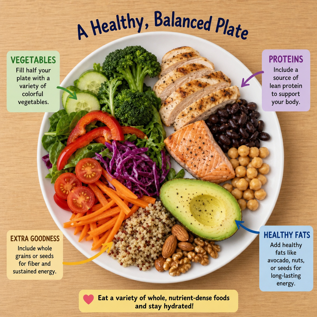 A colorful plate featuring a healthy mix of proteins, vegetables, and healthy fats in English