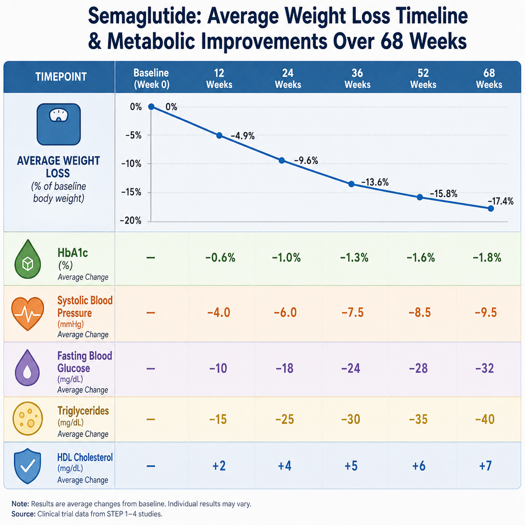 Chart showing average semaglutide weight loss timeline and metabolic improvements over a 68-week period