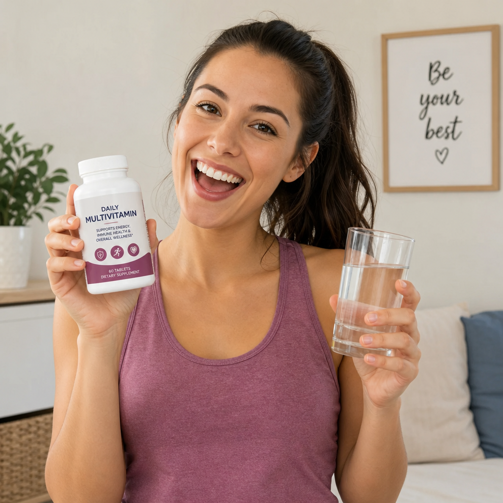 Woman looking energetic and happy holding a daily multivitamin and a glass of water