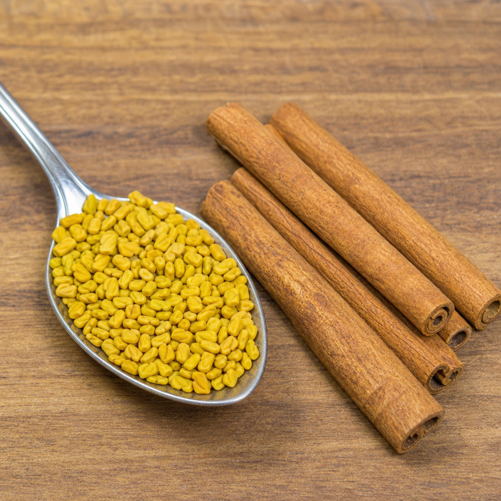A spoon holding bright yellow fenugreek seeds next to cinnamon sticks