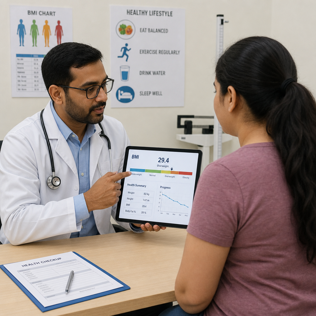 Doctor checking patient BMI and health charts on a tablet