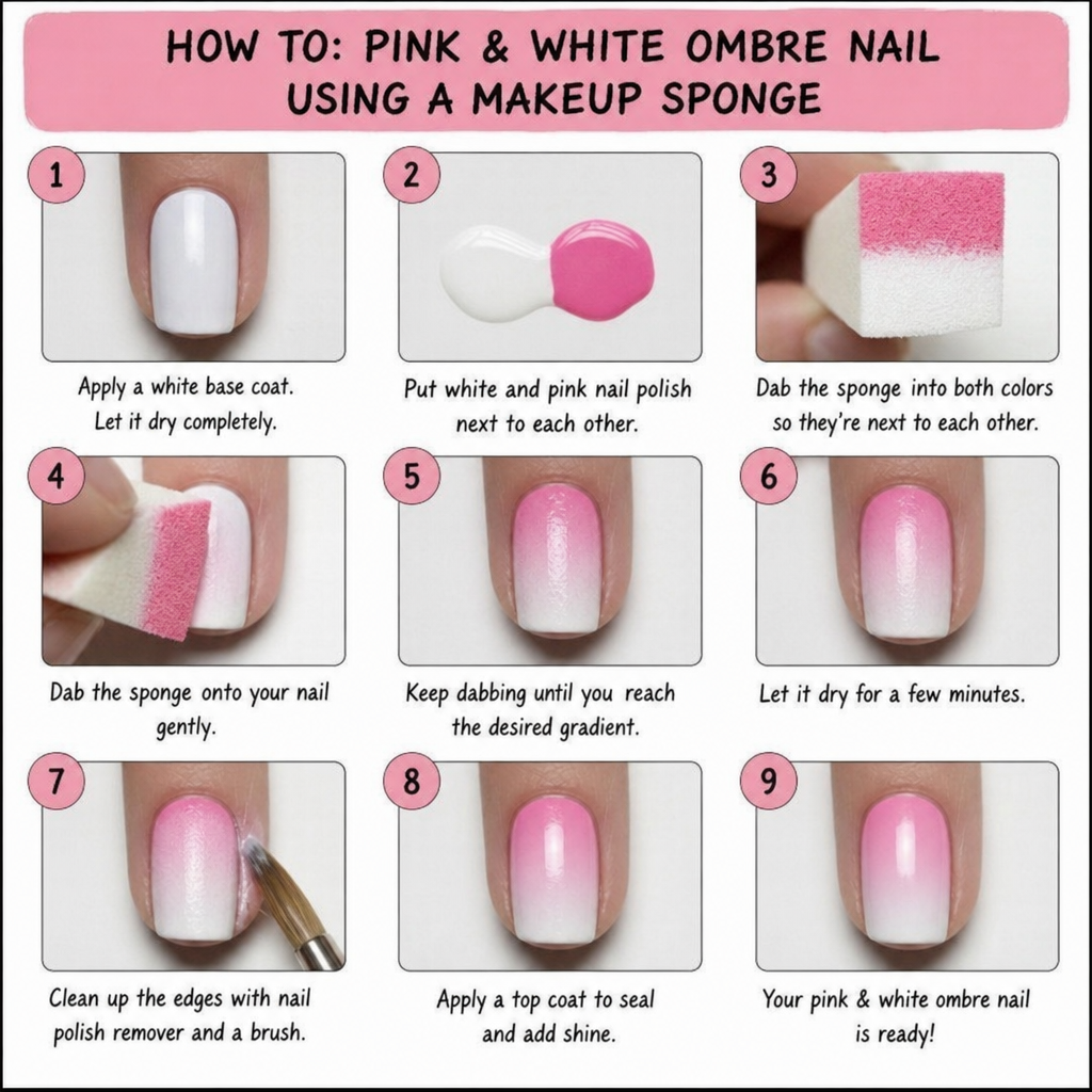 A step by step visualization of creating a pink and white ombre gradient nail using a makeup sponge in ENGLISH