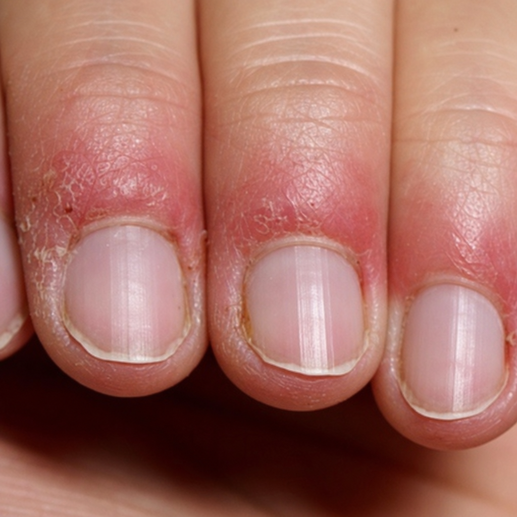 Close up of inflamed and red cuticles showing signs of allergic contact dermatitis