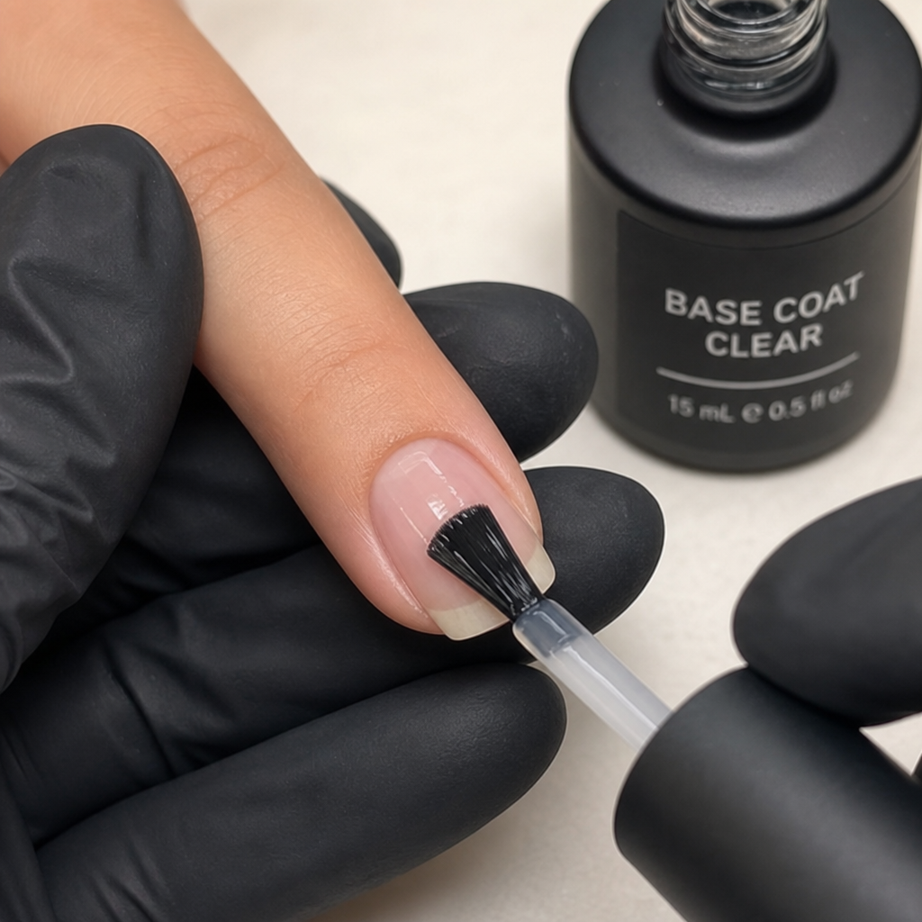 Close up of a manicurist applying a clear base coat to a perfectly shaped natural nail in ENGLISH