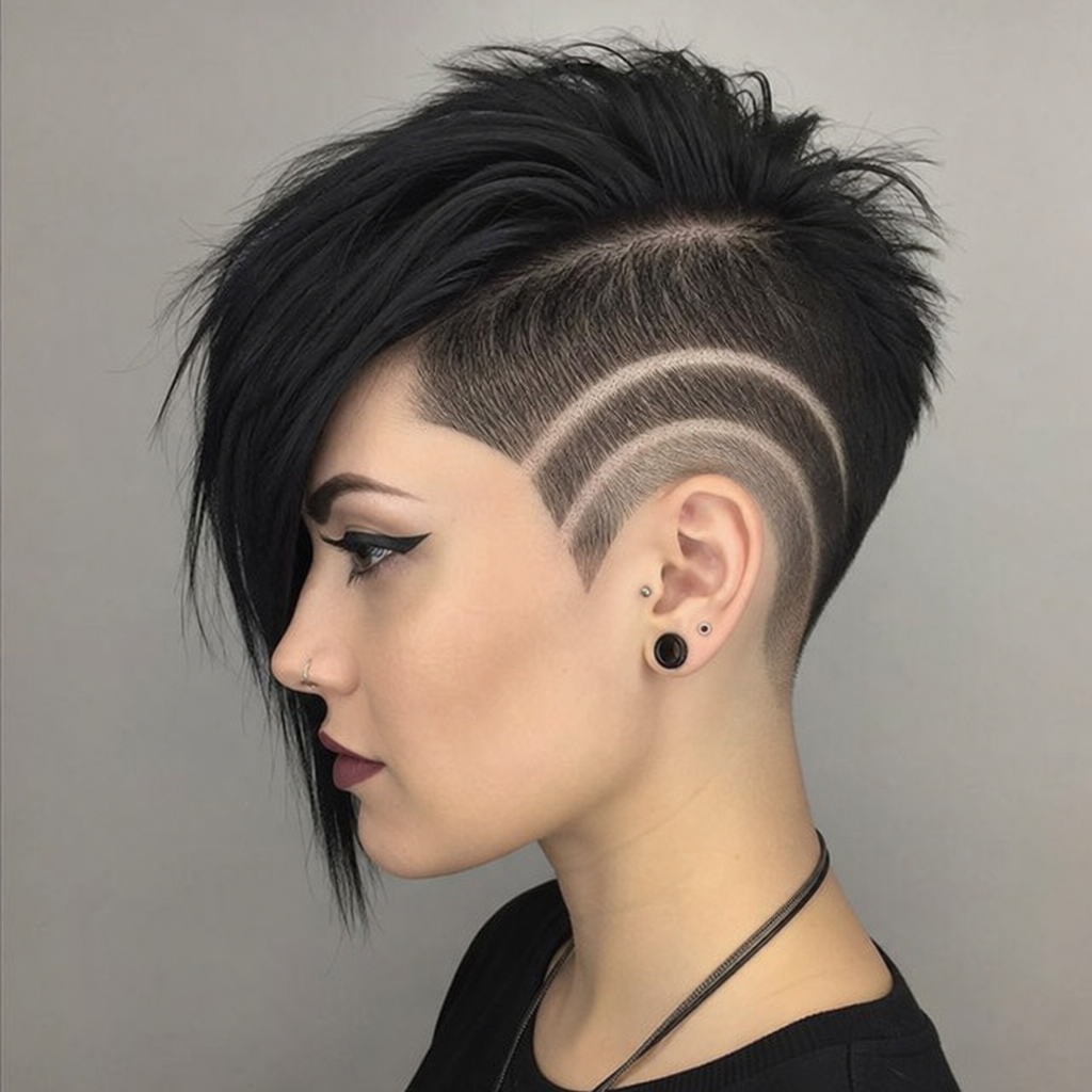 Side profile of an asymmetrical pixie cut featuring an edgy undercut and sculptural design elements