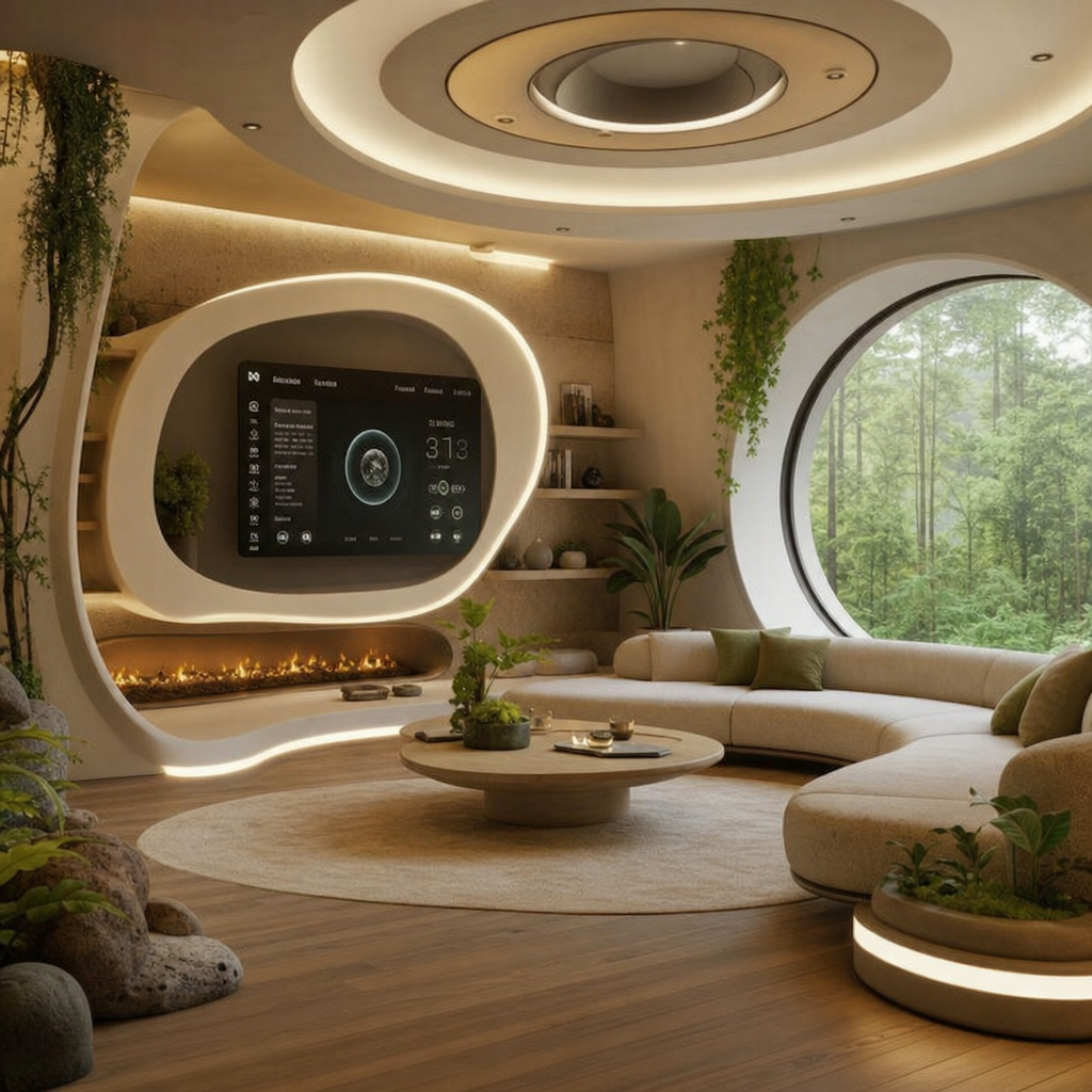 A serene, modern living room blending natural elements with futuristic design