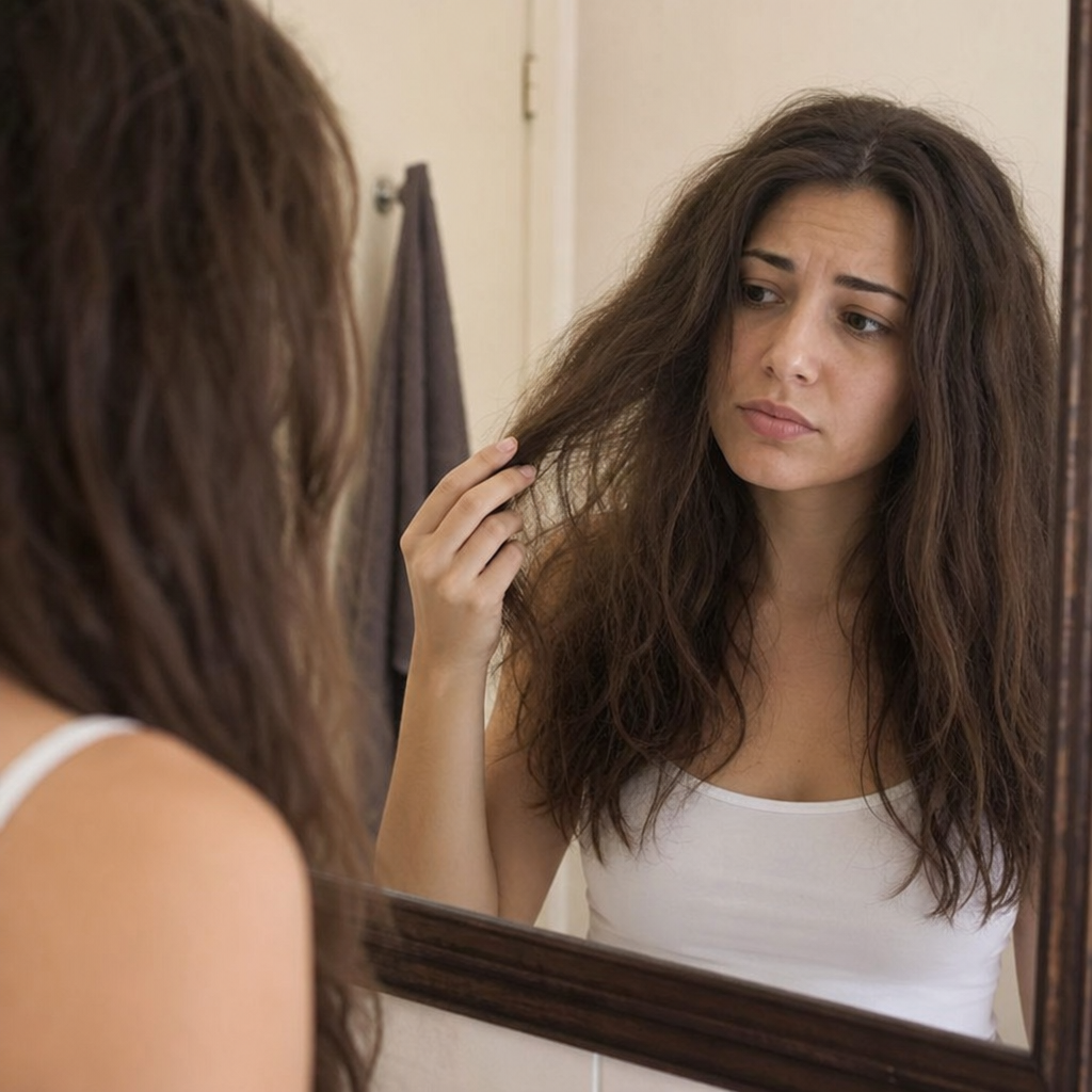 Woman gently touching her dry, frizzy hair while looking in the mirror