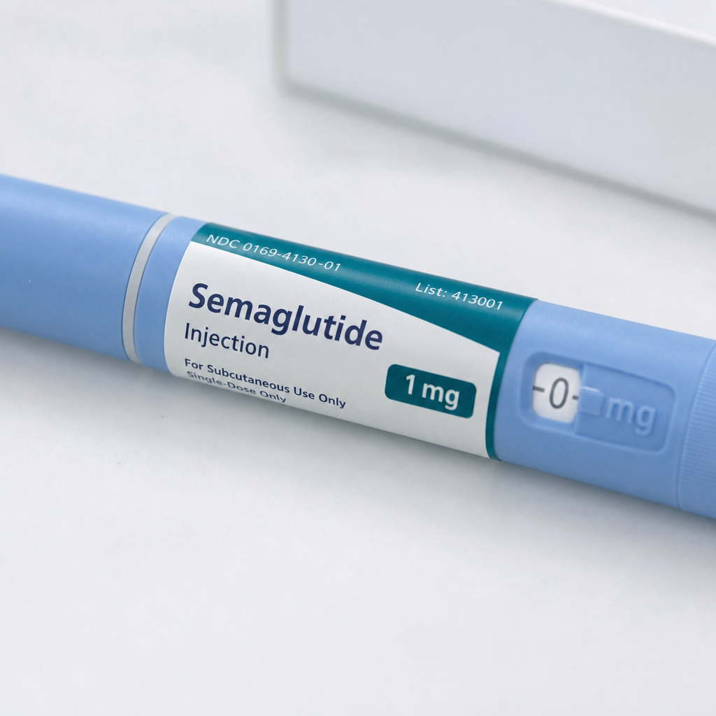Close up of a semaglutide injection pen on a clean medical background
