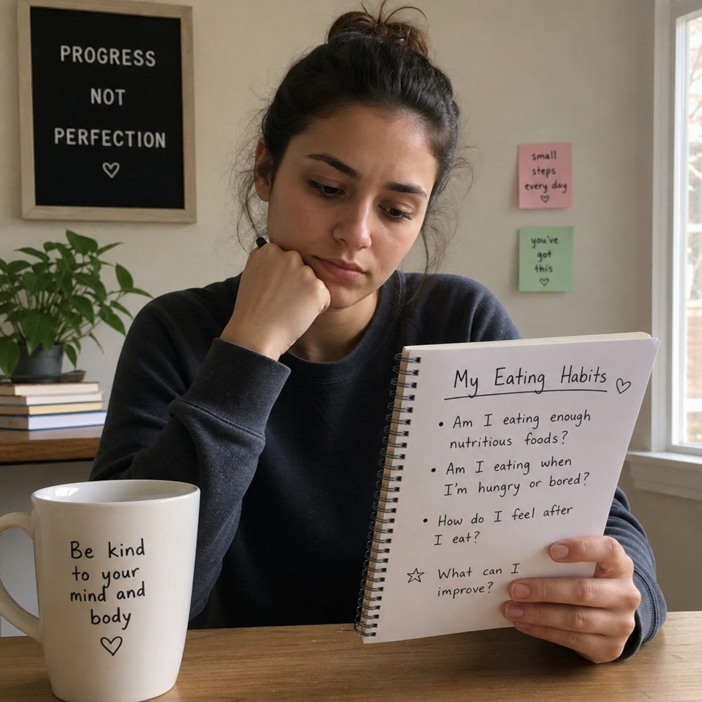 A person looking thoughtfully at a journal, reflecting on eating habits in English
