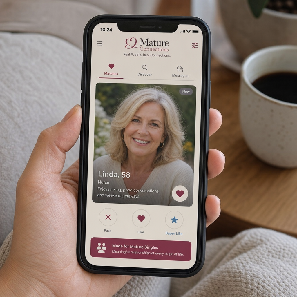 A smartphone displaying a dating app interface tailored for mature singles