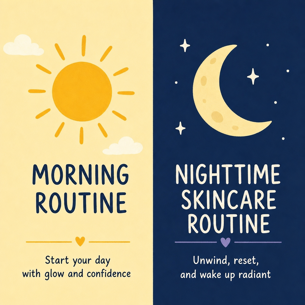 A split graphic showing the sun for morning routines and the moon for nighttime skincare routines in ENGLISH