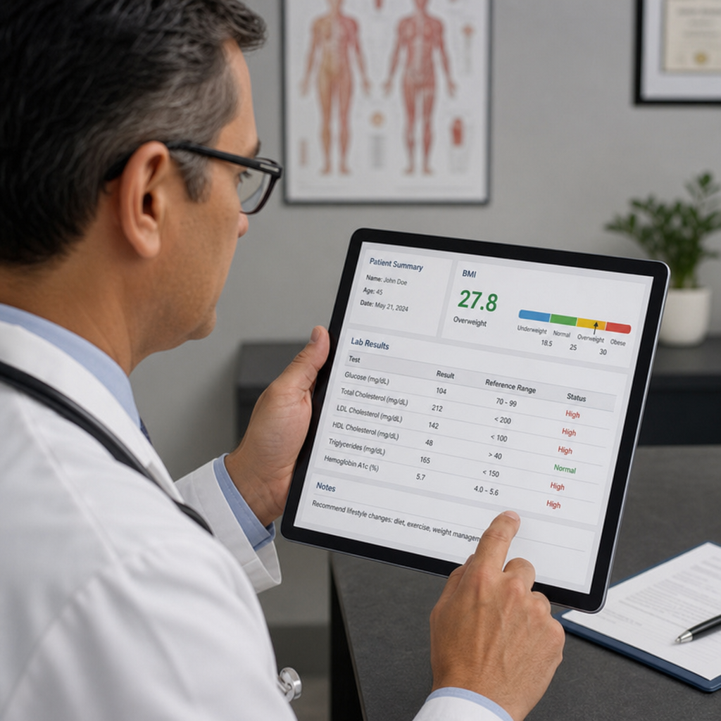 A doctor reviewing patient BMI and lab results on a digital tablet