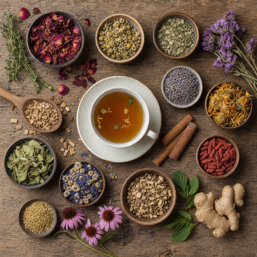A flat lay of various dried healthy herbs, spices, and a cup of herbal tea on a rustic wooden table