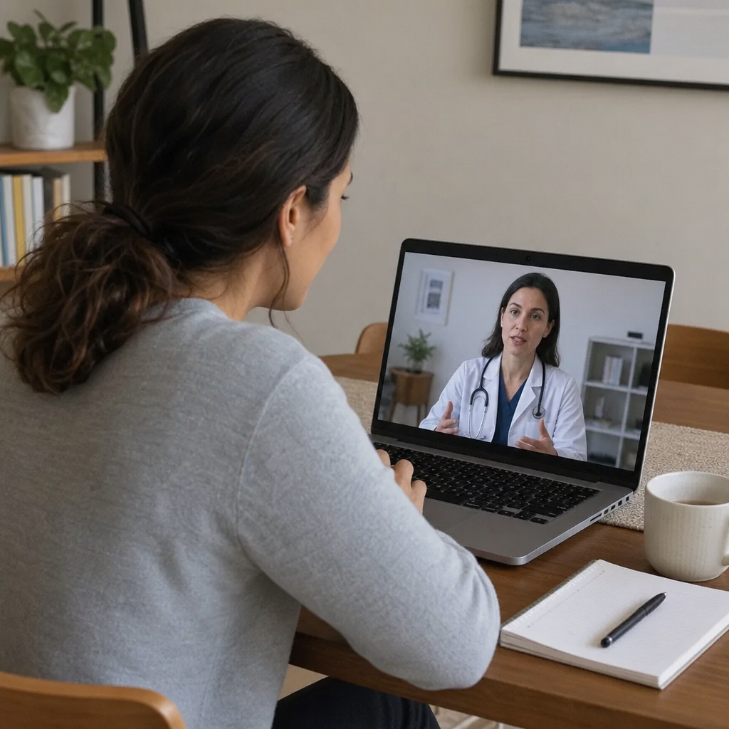 A woman consulting with a doctor on her laptop during a telehealth appointment