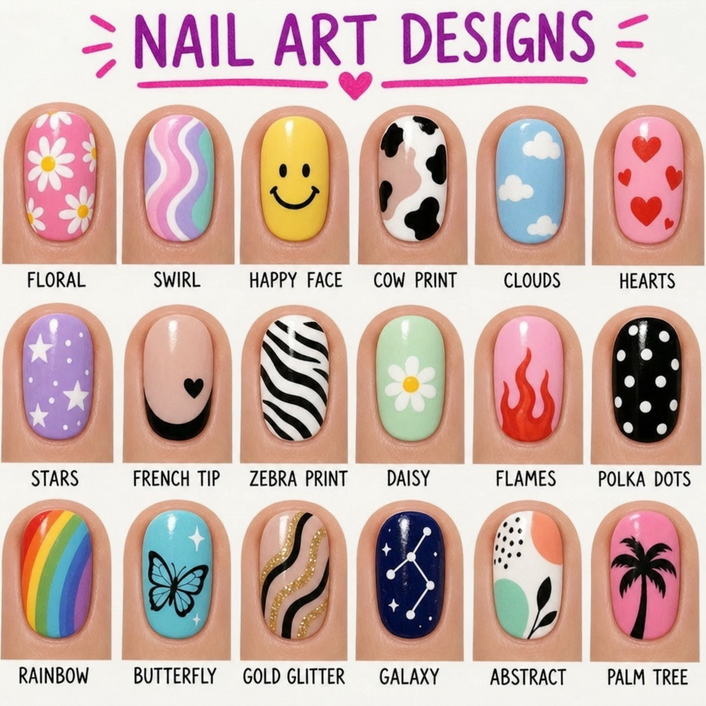 A vibrant display of painted fingernails showcasing various creative designs in ENGLISH