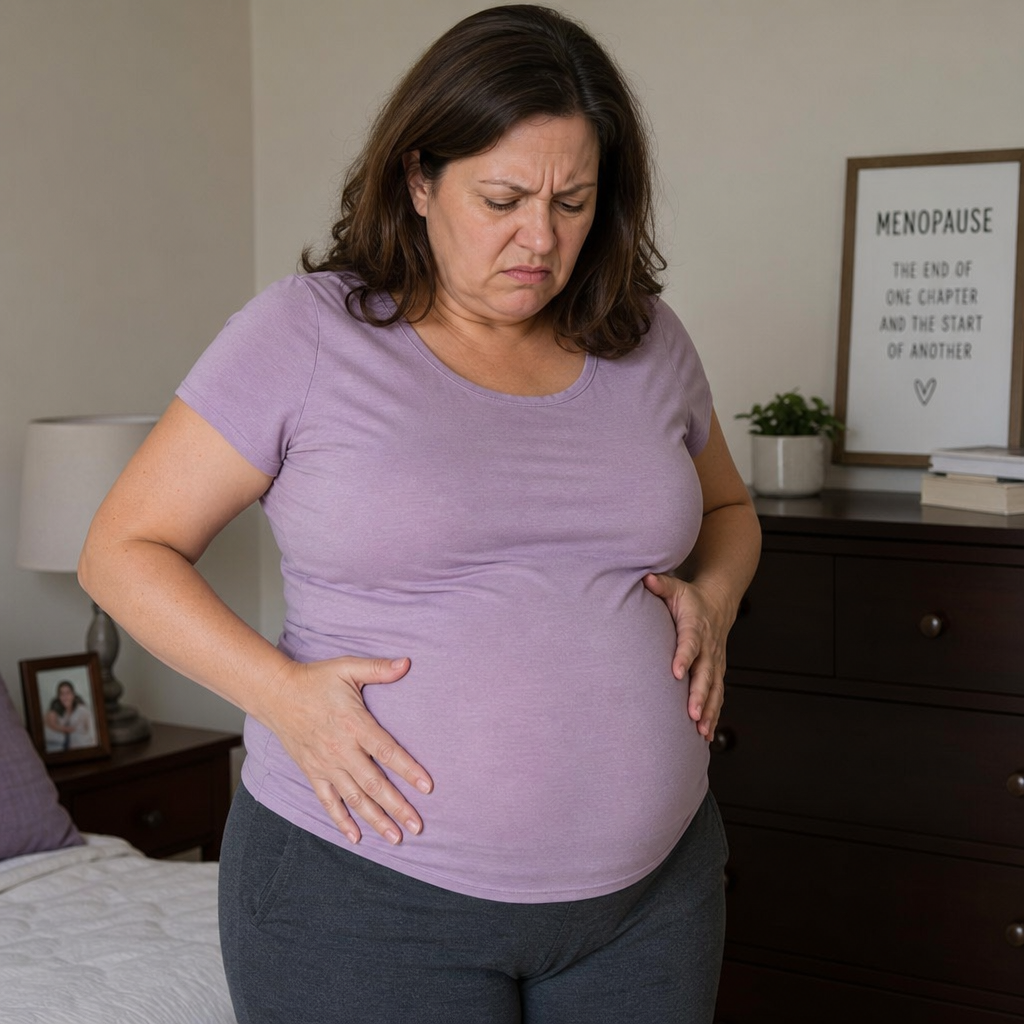 Frustrated woman touching her swollen stomach during menopause