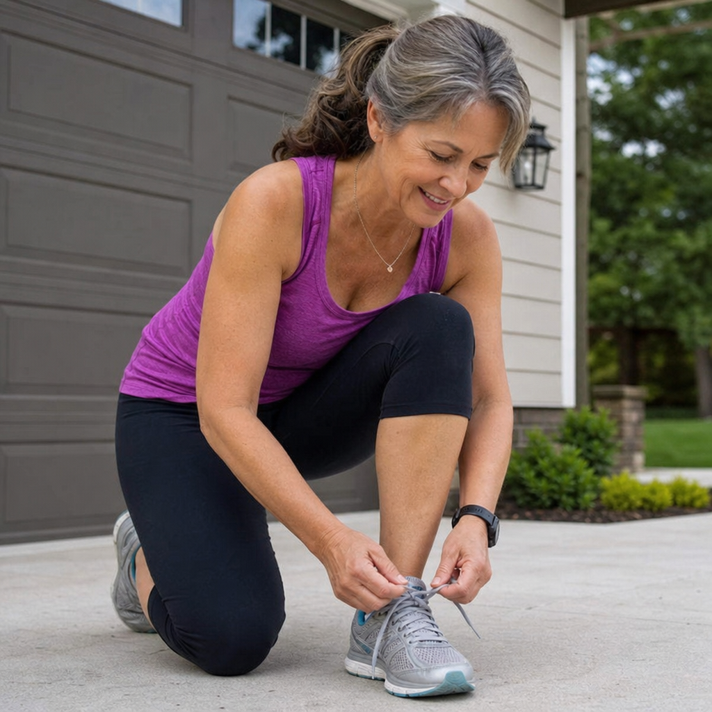 A healthy, active woman in her 50s tying her running shoes before a workout