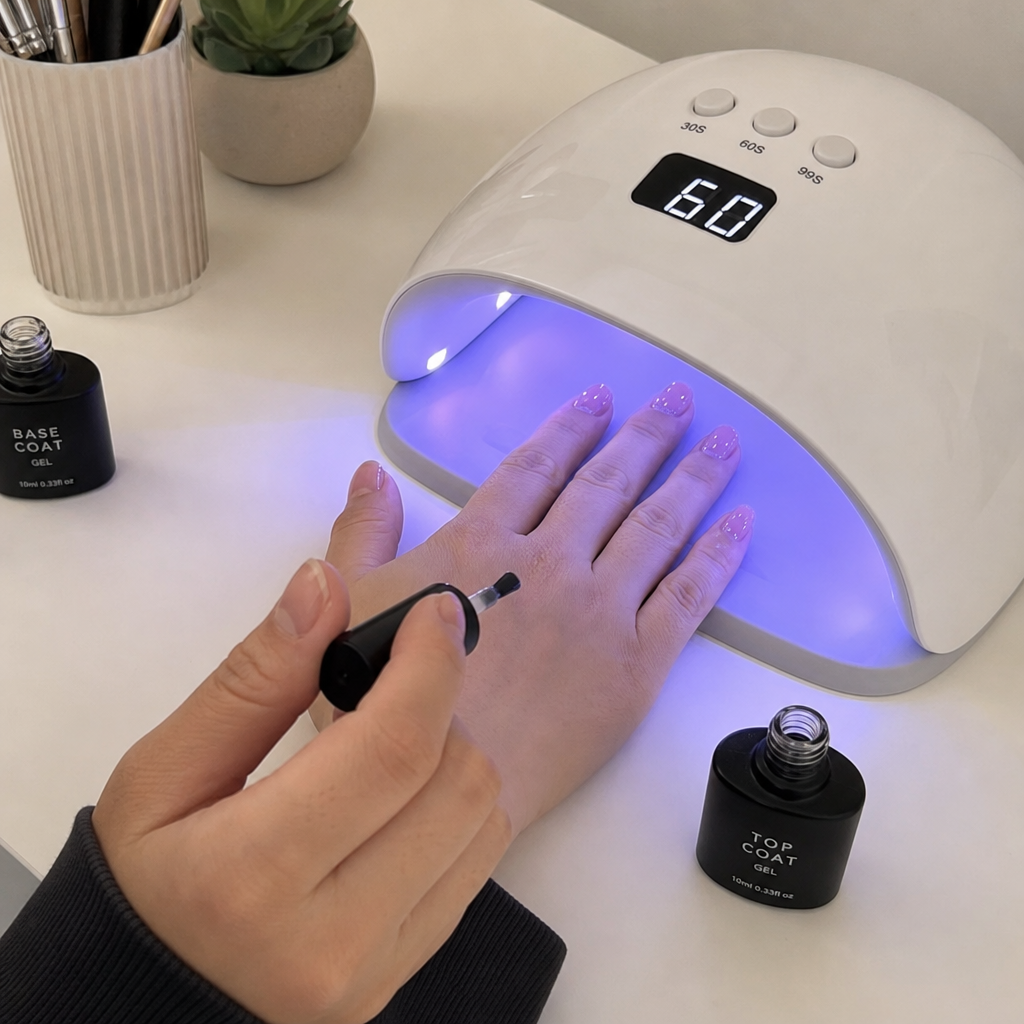 A person painting their nails with a glossy gel top coat under a modern UV LED nail lamp