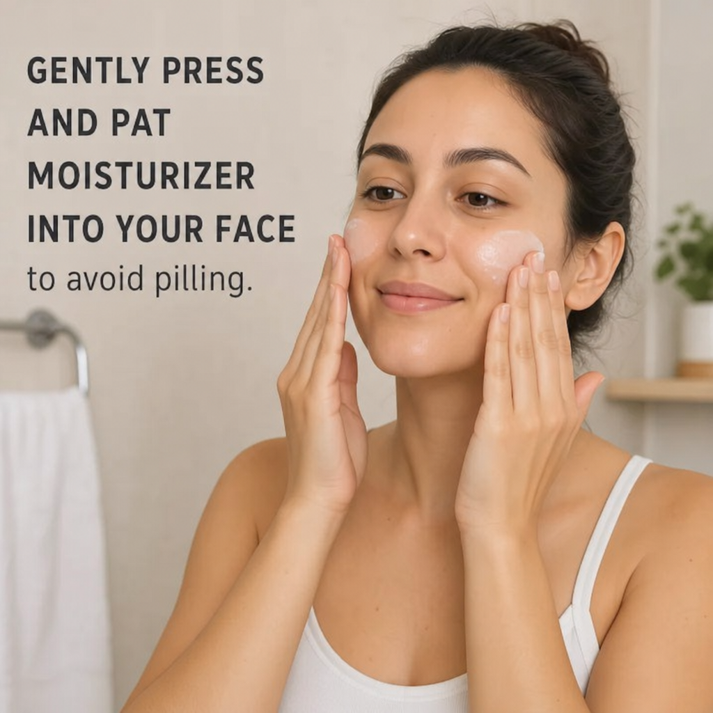 Woman gently pressing and patting moisturizer into her face to avoid pilling in ENGLISH