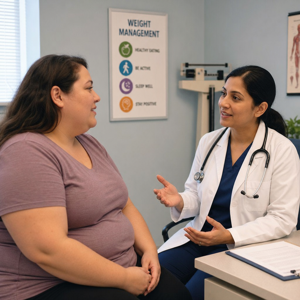 Patient talking comfortably with their doctor about weight management