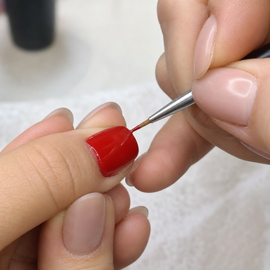 A close up of a manicurist carefully fixing a minor smudge on a red painted nail using a fine brush in ENGLISH