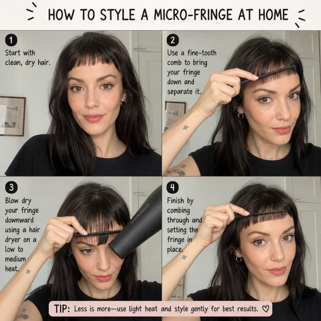 Woman demonstrating how to style a micro-fringe at home using a fine-tooth comb and hair dryer