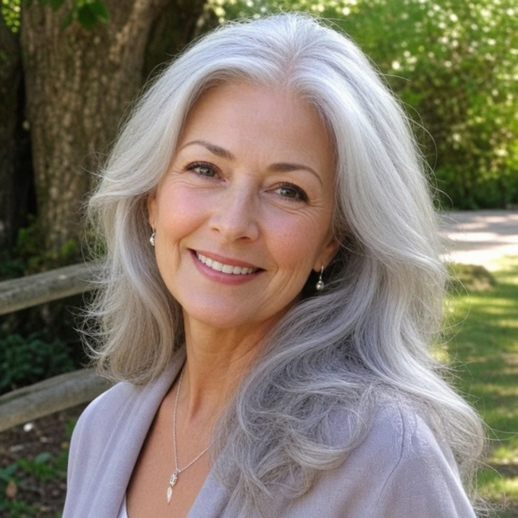 Elegant older woman with beautiful, shiny silver hair smiling outdoors