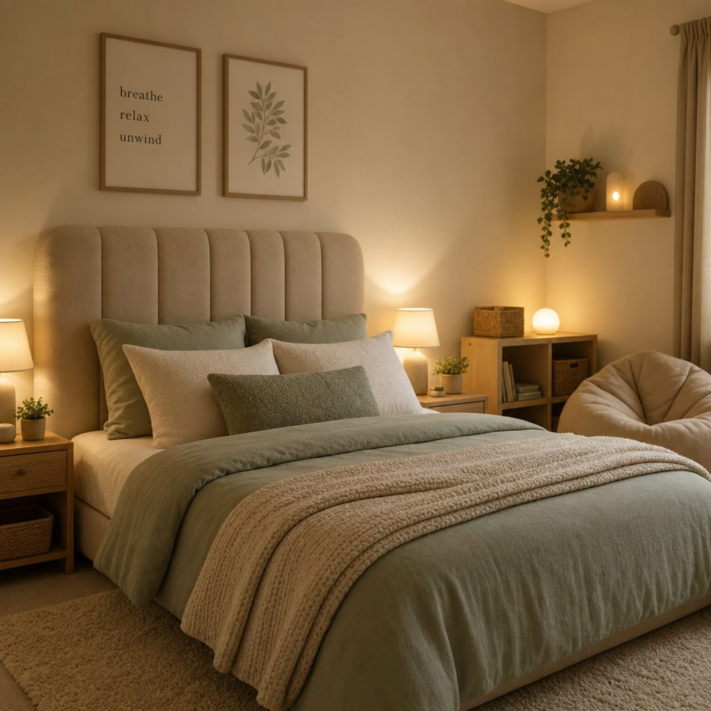A serene, sensory-friendly bedroom featuring a plush upholstered headboard and soft, warm lighting