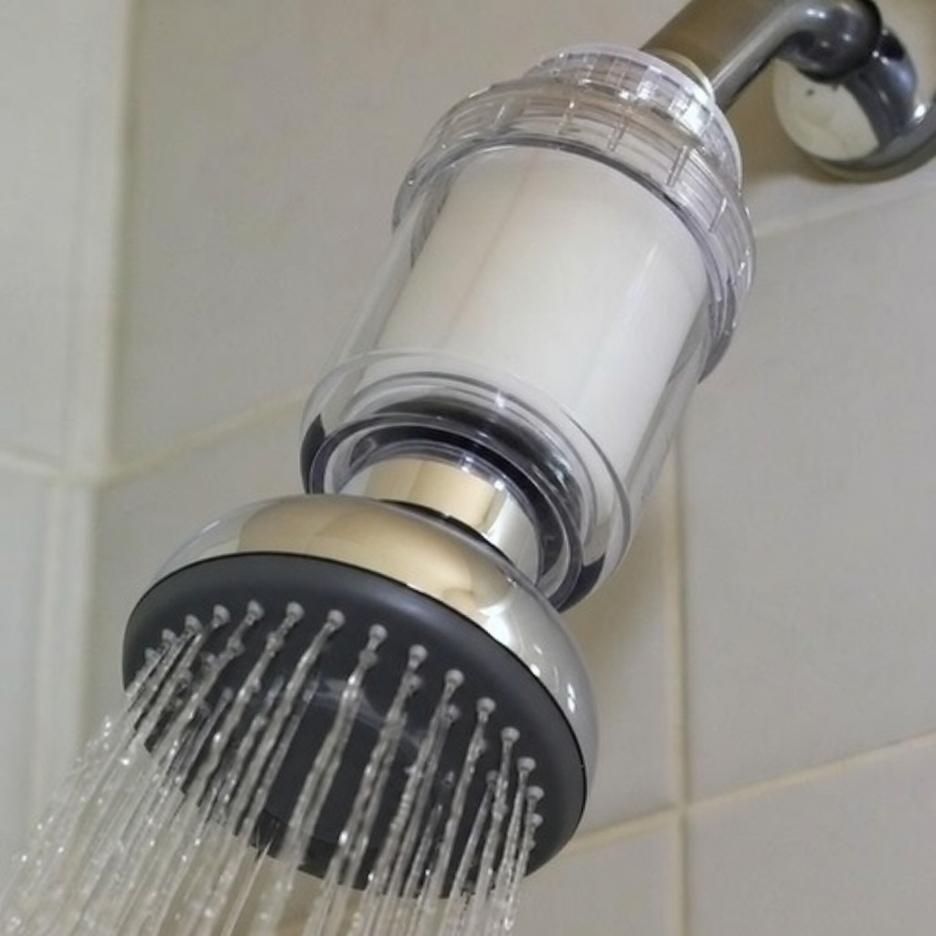Close-up of a shower head equipped with a water filter system