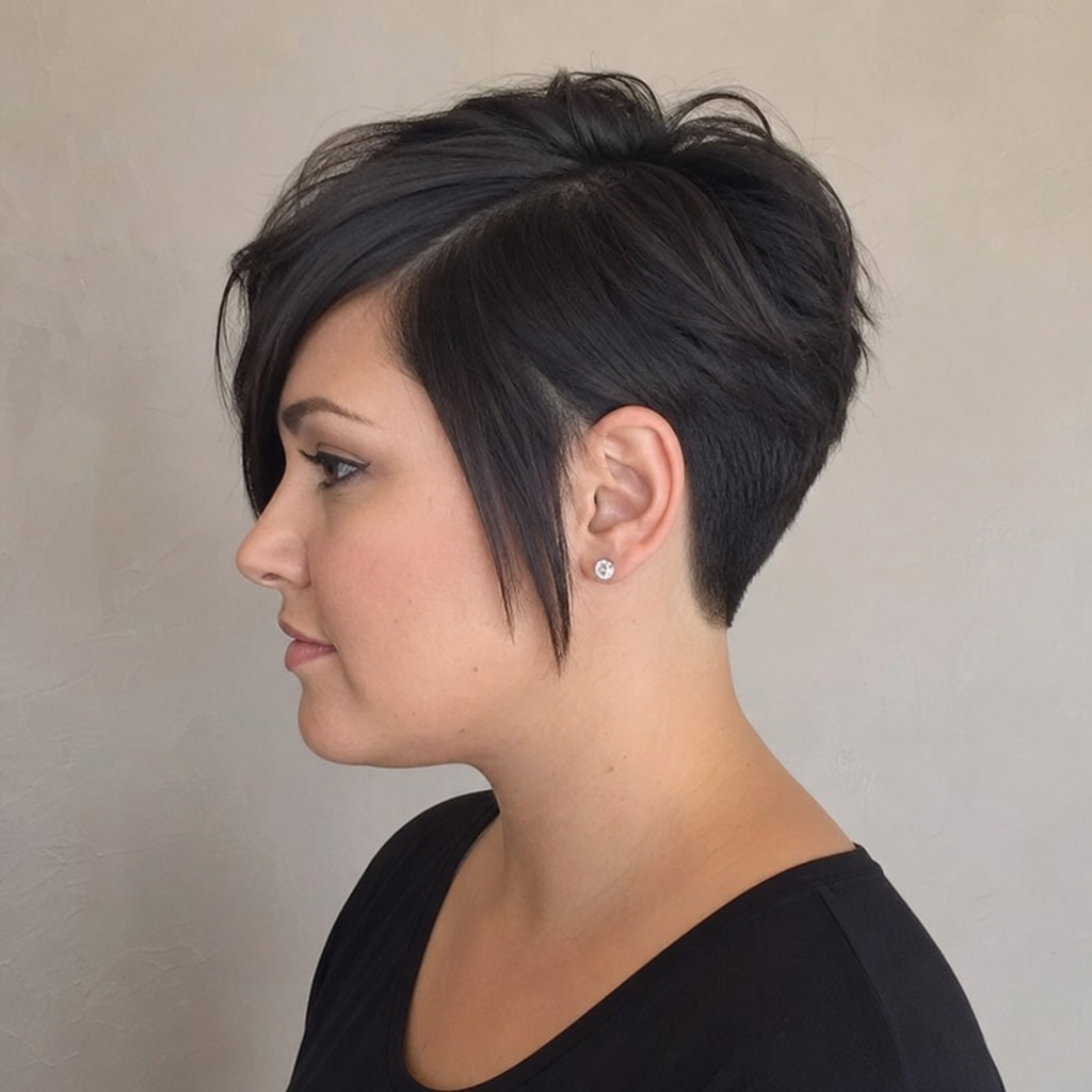 Side profile of a woman with an asymmetrical pixie cut designed for a round face