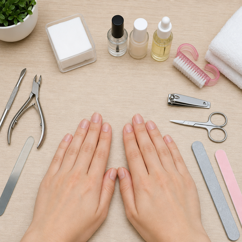 A clean, well-lit workspace showing a variety of manicuring tools and natural bare nails