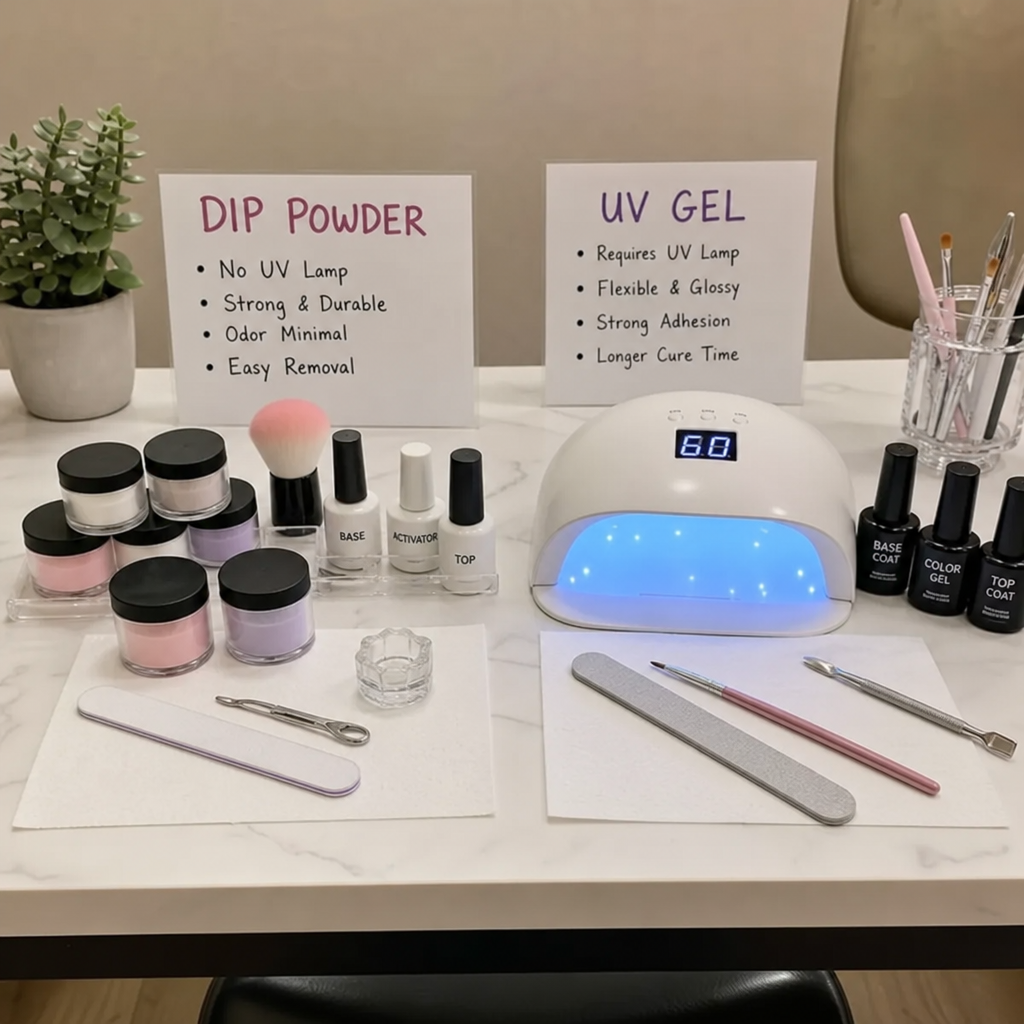 Comparing a dip powder setup with a UV gel lamp setup on a salon table