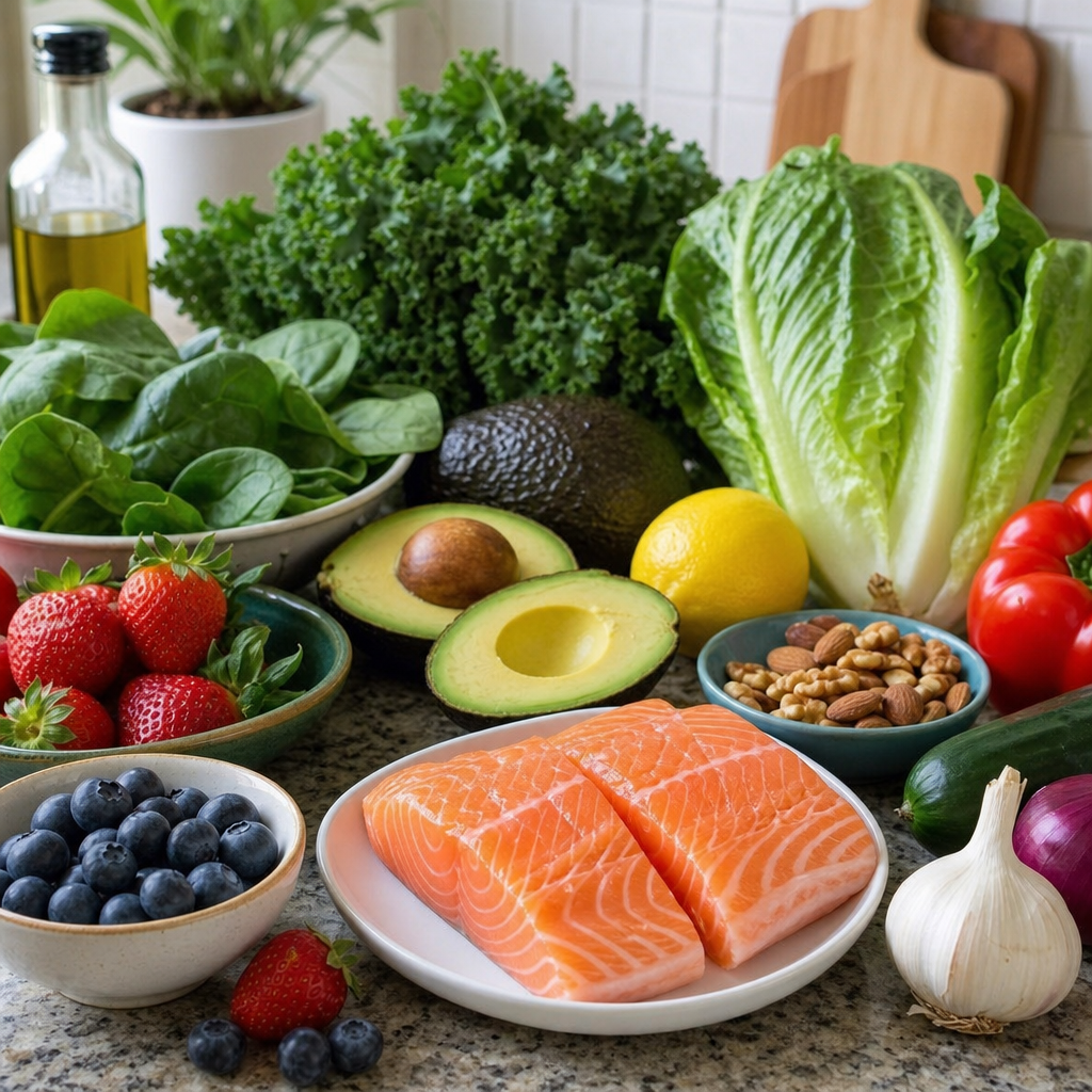 Fresh, colorful whole foods including salmon, avocados, and leafy greens on a kitchen counter