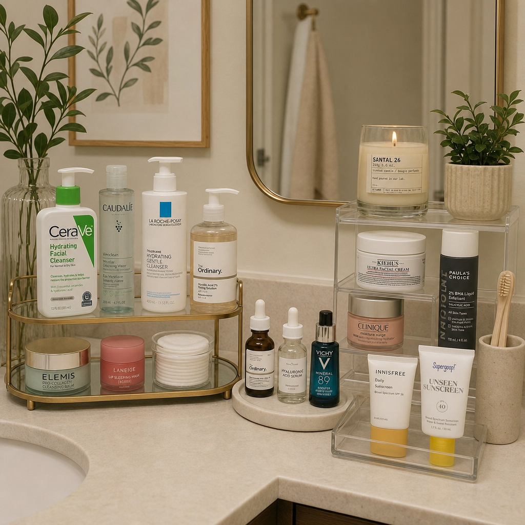 A beautifully organized bathroom vanity with various skincare bottles and jars in ENGLISH