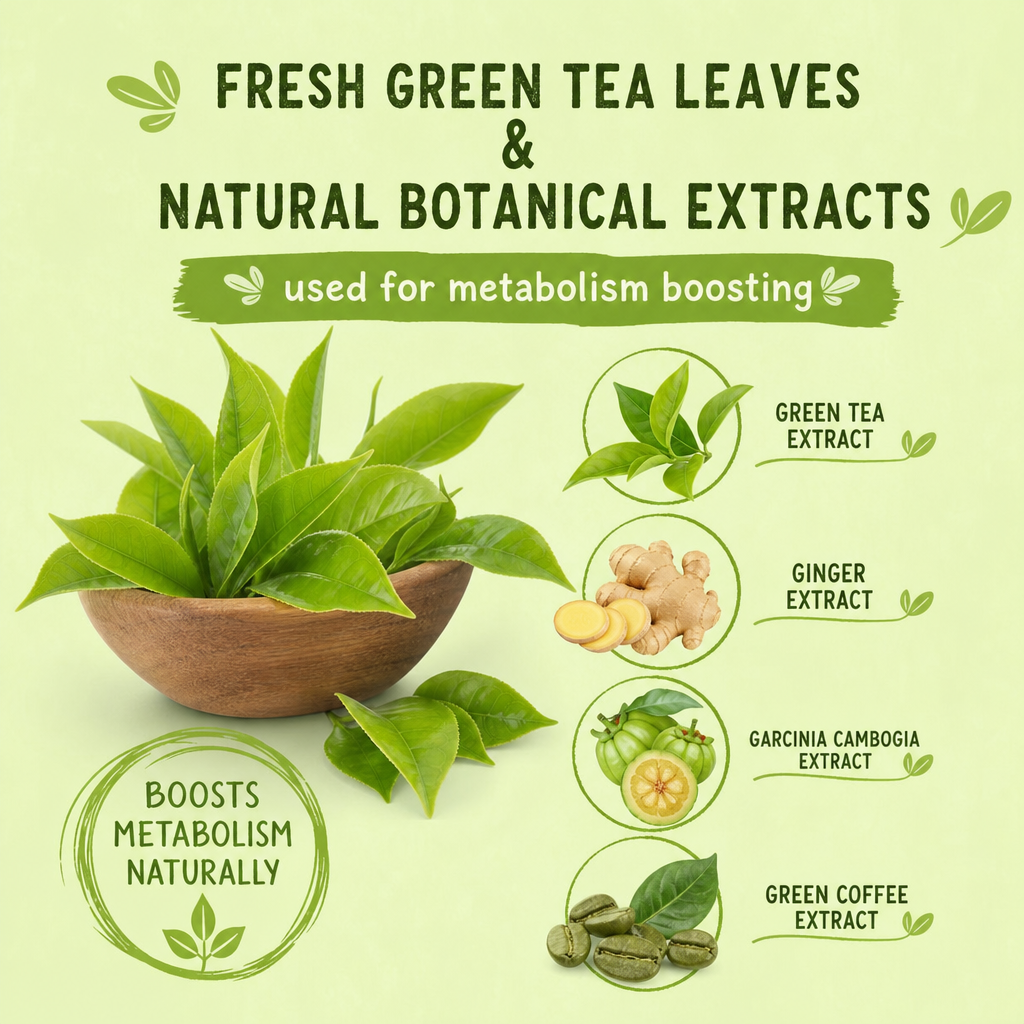 Fresh green tea leaves and natural botanical extracts used for metabolism boosting