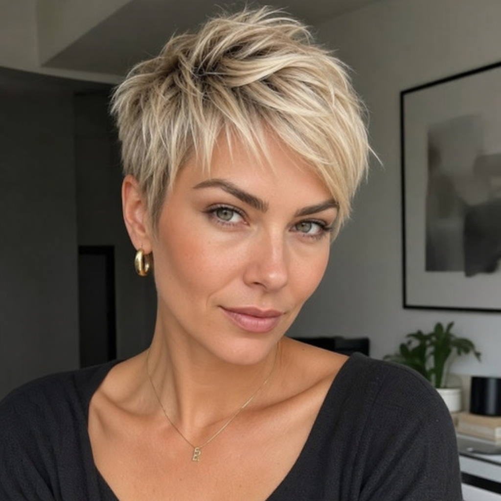 A woman with a highly textured, modern blonde pixie cut in 2026 looking confidently at the camera